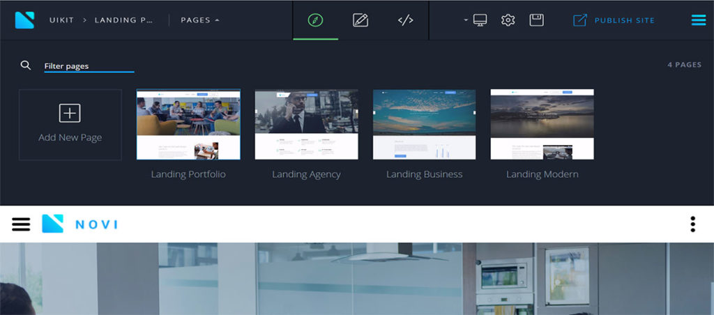 pages manager in Novi HTML website builder
